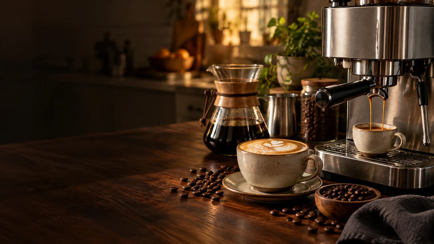 Espresso and cappuccino ready on a kitchen coffee counter